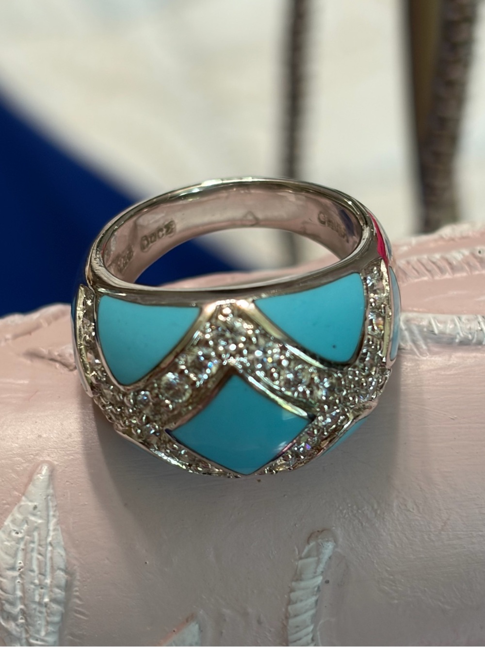 925 Sterling Silver Blue Enamel & Pave C Z Domed Ring Size 6